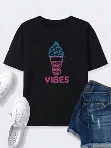 Premium Comfortable Crew Neck T-Shirt, Featuring A Design Of Soft Ice Cream Cones, Blue Swirls And Pink Grid Cones, With The Eye-Catching Word "VIBES" – A Basic White Tee Suitable For Everyday Casual Wear. Gift Idea. - 黑色 - 查看 7