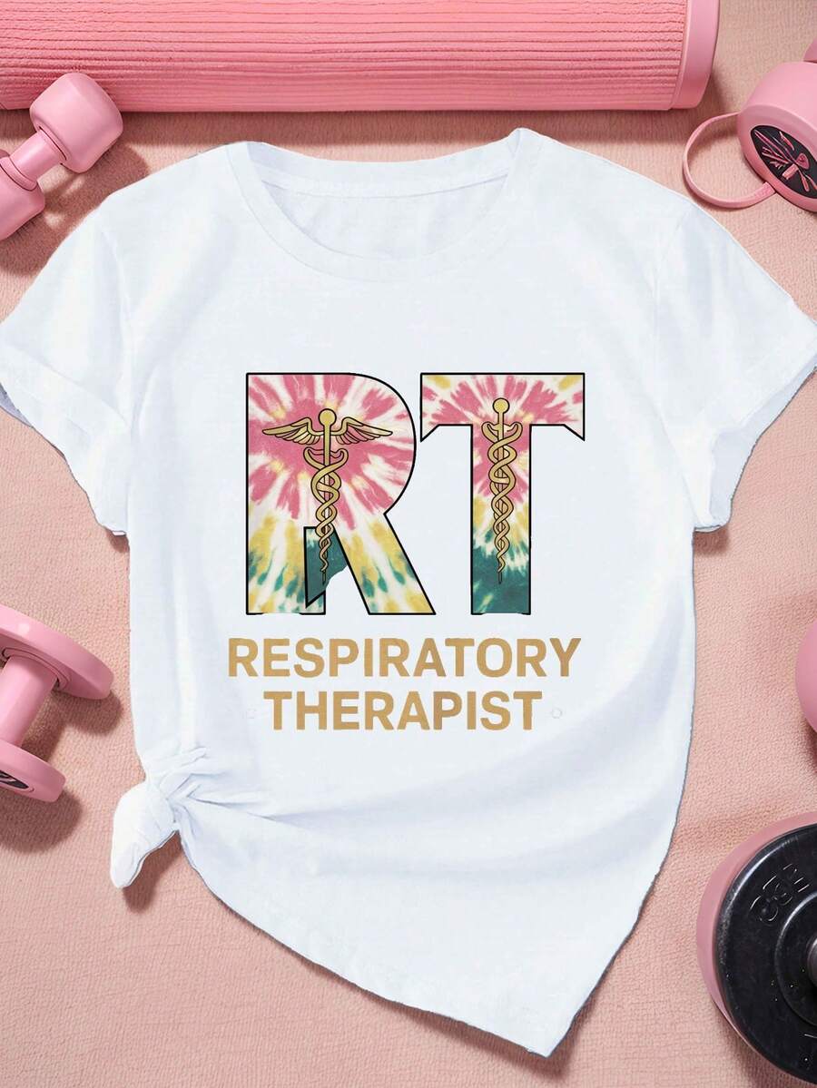 SuavePlus Size Women's Tie-Dye T-Shirt With Caduceus Stethoscope Design - "RT Respiratory Therapist" Graphic, Short Sleeve, Round Neck, Polyester, Machine Washable - Casual & Sporty Tee In Vibrant ColorscuteNew Arrival - 白色 - 查看 1