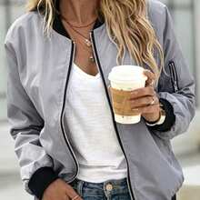 Jaket Ringan Wanita Kasual Musim Semi/Gugur dengan Kerah Baseball dan Resleting - Light Grey - View 3