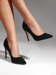 Women Stiletto High Heel Pumps Pointed Toe Solid Color Elegant Fashionable Wedding Party Court Shoes Suitable For Both Formal And Casual Occasions - 黑色-麂皮 - 查看 2
