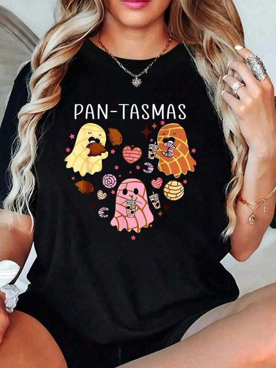 % Cotton Ghostly Funny Spooky Shells Mexican Ghost Halloween T-Shirts For Women - Negro 17 - View 1