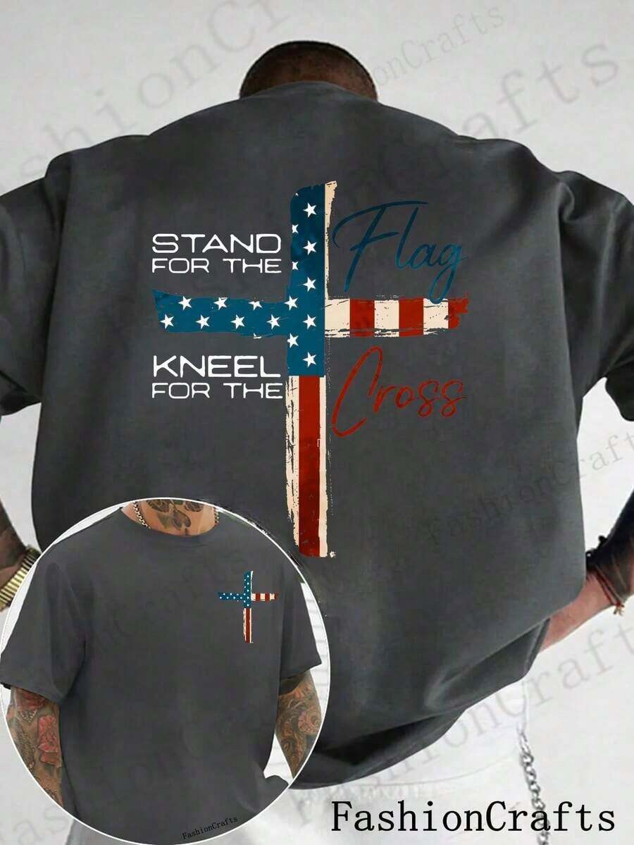 Patriotic Christian Faith T-Shirt, Defend The Flag, Kneel For The Cross, Religious T-Shirt, Cross Design, Men's T-Shirt Showing American Pride, Conservative Christian Cotton Clothing - 灰色 - 查看 1