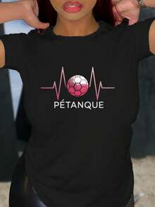 Camiseta Estampada para Mujer - Camiseta Casual de Manga Corta y Cuello Redondo Negra con Gráfico de Balón de Fútbol Rosa y ECG. Con un Corte Relajado para Todas las Estaciones, la Elección Perfecta Tanto para el Uso Diario Como para tus Atuendos de Vacaciones (Lavable aáquina). - Negro - Ver 1