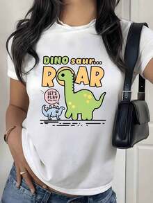 2026 New Cotton Shirt (100% Cotton) Two Adorable Dinosaurs In Shades Of Green And Blue Convey Tenderness And Childlike Joy With The Fun Phrase "Roar" That Evokes Playfulness And Positive Energy. Women's Simple Solid Color Shirt, Loose And Casual Short Sleeve - 白色的 - 查看 12