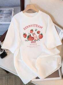 Camiseta de algodón con estampado "Berrystraw Rabbit"casual de moda para mujer - Blanco - Ver 7