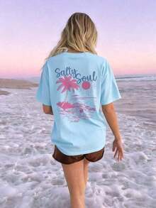 SALTY SOUL Women's Summer T-Shirt 2026, New Spring/Summer Collection, Coconut And Sun Print, Round Neck, Short Sleeve, Casual, Versatile, Essential Garment For Everyday Wear And Vacations. Women's Vacation Print T-Shirt, Loose And Comfortable, Summer Tops - 淺藍色 - 查看 8