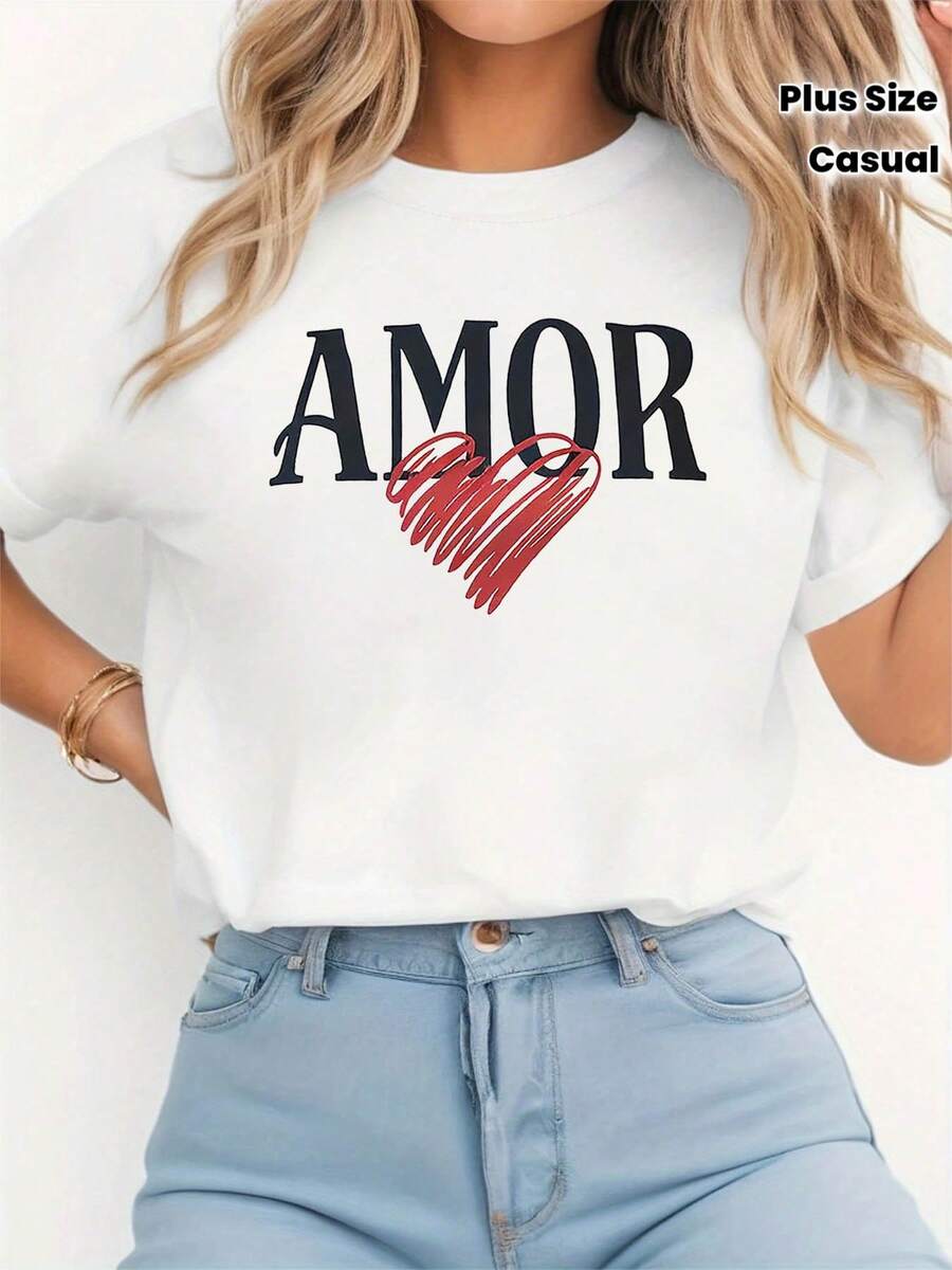 NUEVA Moda"Camiseta de Mujer con Estampado de Corazón Pintado a Mano, Estilo Casual, Cuello Redondo, Primavera y Verano, Estilo Vintage Urbano, Unisex, Holgada, de Algodón, Manga Corta, Cuello Redondo - Blanco - Ver 1