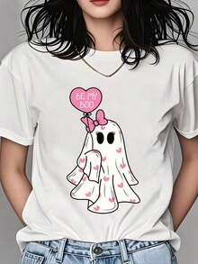 Women's T-Shirt, Halloween T-Shirt With Cute Ghost Design With Pink Hearts And Balloon, "Be My Boo", For Women, Cute And Spooky Valentine's Day Gift, Costume Party T-Shirt - 白色 - 查看 1