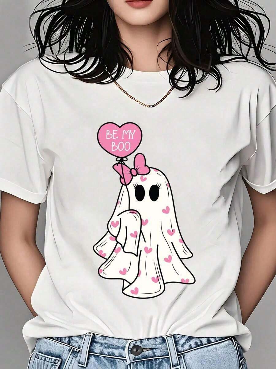 Women's T-Shirt, Halloween T-Shirt With Cute Ghost Design With Pink Hearts And Balloon, "Be My Boo", For Women, Cute And Spooky Valentine's Day Gift, Costume Party T-Shirt - 白色 - 查看 1