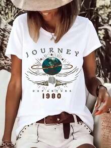 Cómodo Camiseta de Mujer Vintage Estampada 'Journey Departure' de 1980, Moda Casual de Manga Corta, Ajuste Cómodo de Verano, Cuello Redondo, playeras de mujer algodon, blusa casual mujer,  mujer - Blanco - Ver 1