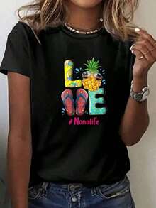 1pc Women's Short Sleeve Pineapple Print Camisole And LOVE Sandals Nonalife For Summer Beach And Travel Casual And Fun Style 2026 Suitable As A Gift. Women's T-Shirt. Blouses>Elegant. Boho Chic, Soft, Breathable And Comfortable Women's Top, Ideal For Spring, Summer And Autumn, Perfect For Vacation, Travel And Daily Wear. - 黑色 - 查看 6