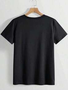 1 Piece, 180 G/M², Women's Fashion Graphic Print Polyester T-Shirt - Casual Short Sleeve Crew Neck Top - Lightweight And Breathable For All Seasons. Crew Neck, 100% Cotton, Soft Fabric, Short Sleeves. - 黑色 - 查看 4