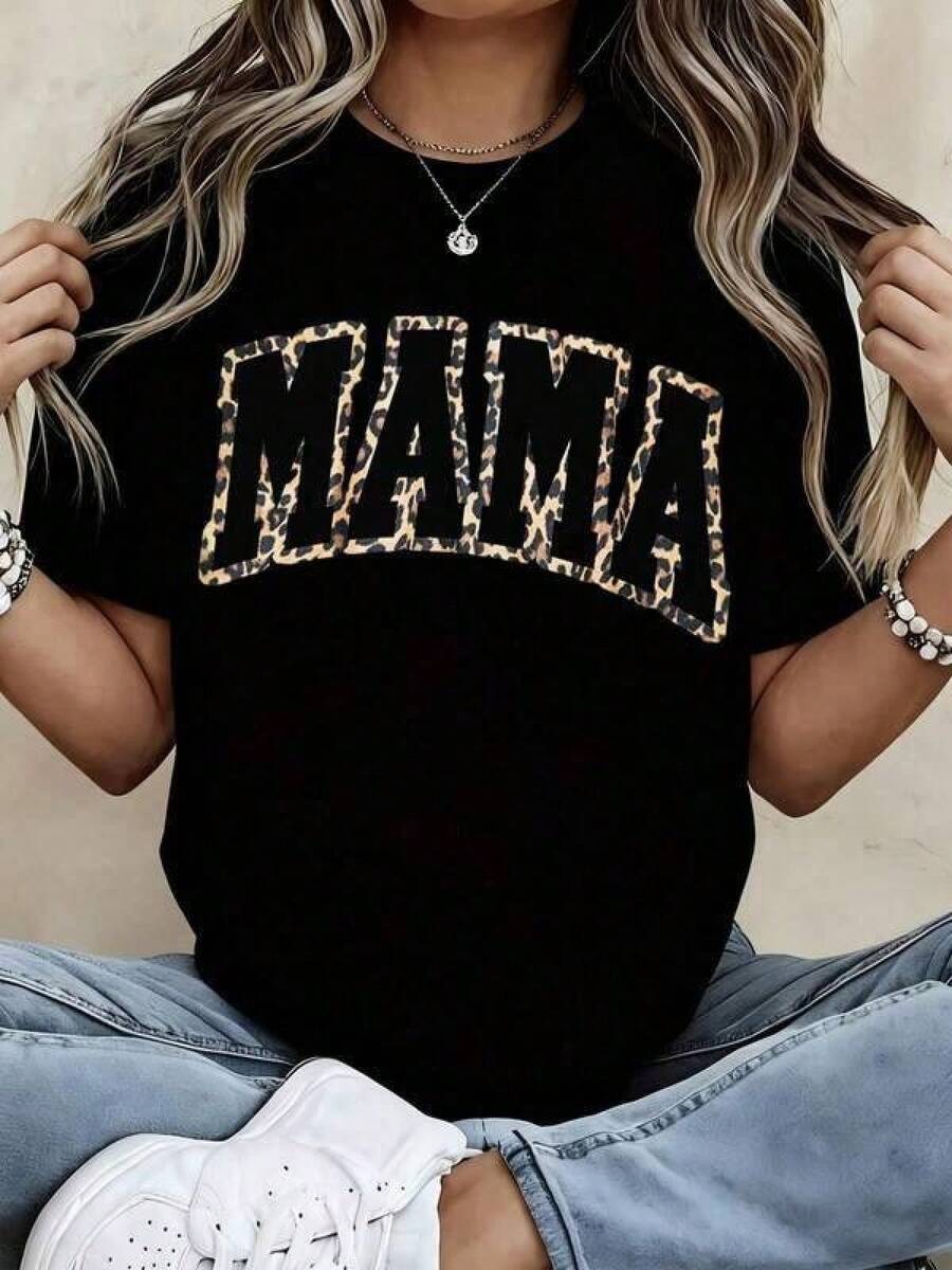 Cotton Graphic T-Shirt, Plus Size, Casual, Leopard Print With Black Letters For Maternity And Everyday Wear, Y2K Style, Men's Oversized T-Shirt, Summer Tops, Women's Casual Printed T-Shirt, Short Sleeve And Round Neck, Spring/Summer Local Urban Fashion. - 黑色 - 查看 1