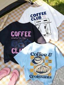 Set Of 1 Short Sleeve Crew Neck T-Shirts With Minimalist Summer Mocha Coffee And Tea Cup Graphic Print, Versatile And Fashionable Tops For Women - White - View 5