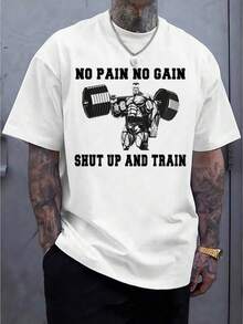 Men's "No Pain No Gain" Fitness T-Shirt - Motivational "AND TRAIN" Workout T-Shirt, 100% Cotton, Unisex, With Barbell Design, Lightweight And Breathable, Suitable For CrossFit, Weightlifting And Casual Wear. - 白色 - 查看 1
