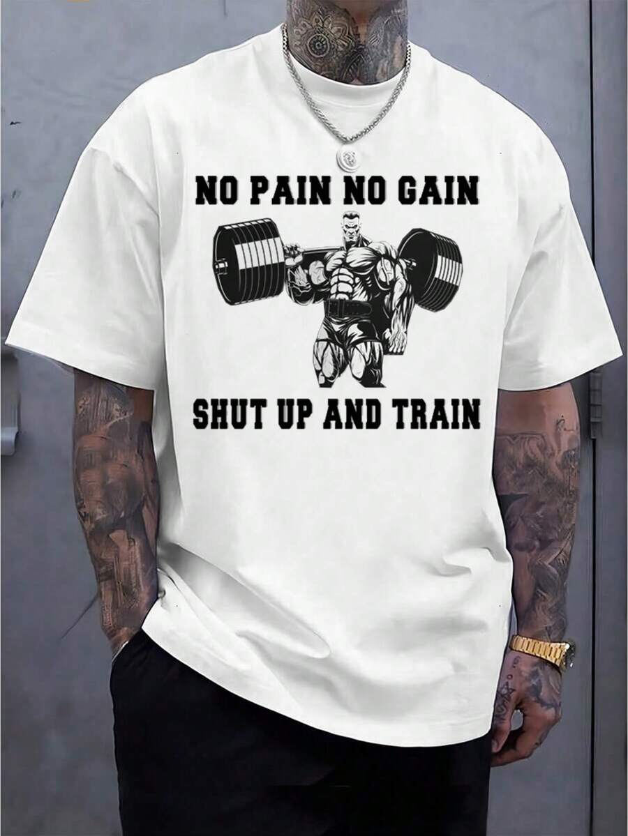 Men's "No Pain No Gain" Fitness T-Shirt - Motivational "AND TRAIN" Workout T-Shirt, 100% Cotton, Unisex, With Barbell Design, Lightweight And Breathable, Suitable For CrossFit, Weightlifting And Casual Wear. - 白色 - 查看 1