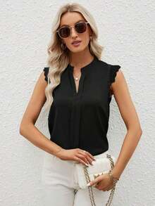 Clasi Camisa de mujer sin mangas de unicolor con cuello en V elegante y parche de encaje, verano - Negro - Ver 5
