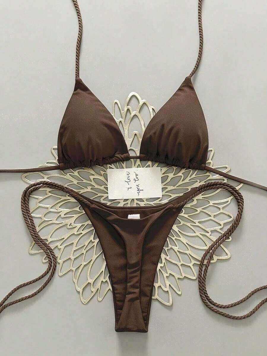 2 piezas Conjunto de traje de baño para mujer, Bikini verde menta con decoración de cuerda hecha a mano - Café integral - Ver 1