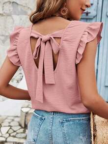 Blusa de verano para mujer con volantes y tirantes cruzados en la espalda de un solo color - Rosa - Ver 6