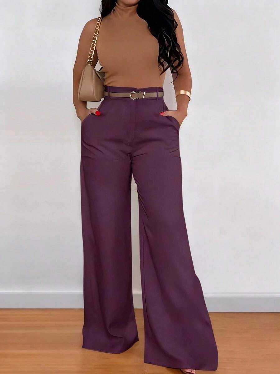 Pantalones acampanados de cintura alta con bolsillos de unicolor, de ajuste holgado, para mujer, para primavera y otoño - Morado - Ver 1