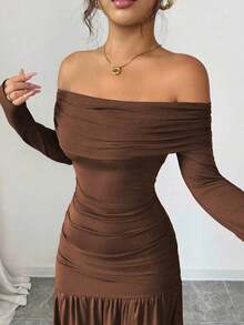 Vestido de punto ajustado de manga larga con hombros descubiertos, elegante y vintage, adecuado para otoño/invierno, Halloween - Café integral - Ver 5