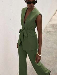 Traje de mujer de unicolor sin mangas, de diseño minimalista y versátil para uso diario - Verde - Ver 8