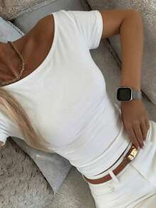 Camiseta de manga corta minimalista de unicolor para mujer, uso casual de todos los días en verano - Blanco 11 - Ver 3