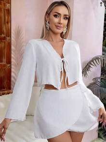Swim Vcay Set de vestido cruzado informal de 2 piezas y cubrecostillo para playa de verano para mujer - Blanco - Ver 4