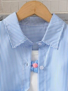 3pcs Girls Toddler Floral Strap, Striped Long Sleeve Top And Pants Casual Suit, Summer - Baby Blue - View 3