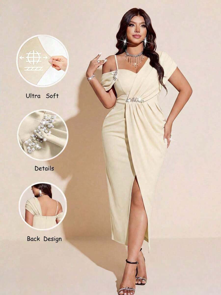 Viva Relle Vestido negro elegante y sexy para mujer de talla grande, vestido de gala formal con un hombro, cintura con strass, abertura lateral.El tono rojo es halagador y lujoso, el diseño asimétrico de un solo hombro resalta el hombro y la línea del cuello, la cintura con strass acentúa las curvas, y el diseño de abertura alta es sexy y elegante. - Albaricoque - Ver 1