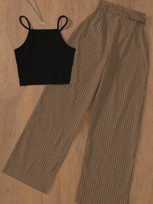 Conjunto elegante de top sin mangas casual/de oficina/de jardín con cinturilla a rayas y pantalones a rayas para mujer, para primavera/verano - Marrón y negro - Ver 2