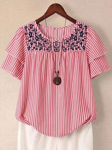 Linhara Blusa casual de verano de talla grande para mujer, de unicolor, cuello redondo, manga corta de doble capa, plisada, de moda versátil para vacaciones - Rojo 2 - Ver 3