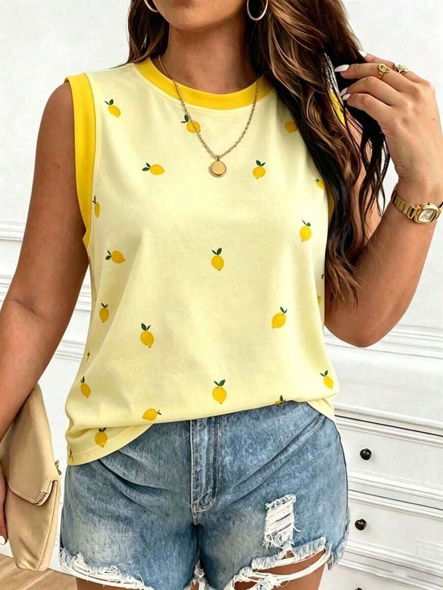 Chaleco sin mangas de mujer de talla grande, casual, de cuello redondo y con estampado de limón, de hombros anchos - Multicolor 3 - Ver 1