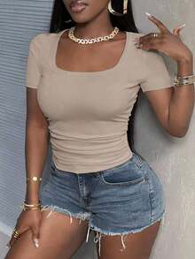 Camiseta blanca básica, casual y sencilla con cuello en V, manga corta, ajustada, con fruncido lateral, acanalada y elástica para mujeres, para el verano - Gris - Ver 6