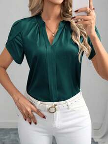 Blusa de satén de manga corta de cuello en V, unicolor elegante, para primavera/verano - Verde Oscuro - Ver 6