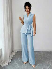 Conjunto elegante y romántico de blazer y corbata de moño para vacaciones y oficina para mujeres - Azul - Ver 5