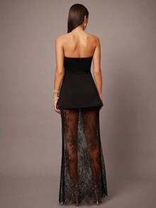 Set de 2 piezas con top corto tipo bustier negro y minifalda con dobladillo de encaje, adecuado para citas, graduaciones, conciertos, vestidos de dama de honor, bodas, ocasiones románticas, estilo minimalista, conjunto elegante para uso diario - Negro - Ver 2