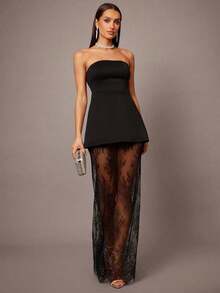 Set de 2 piezas con top corto tipo bustier negro y minifalda con dobladillo de encaje, adecuado para citas, graduaciones, conciertos, vestidos de dama de honor, bodas, ocasiones románticas, estilo minimalista, conjunto elegante para uso diario - Negro - Ver 7