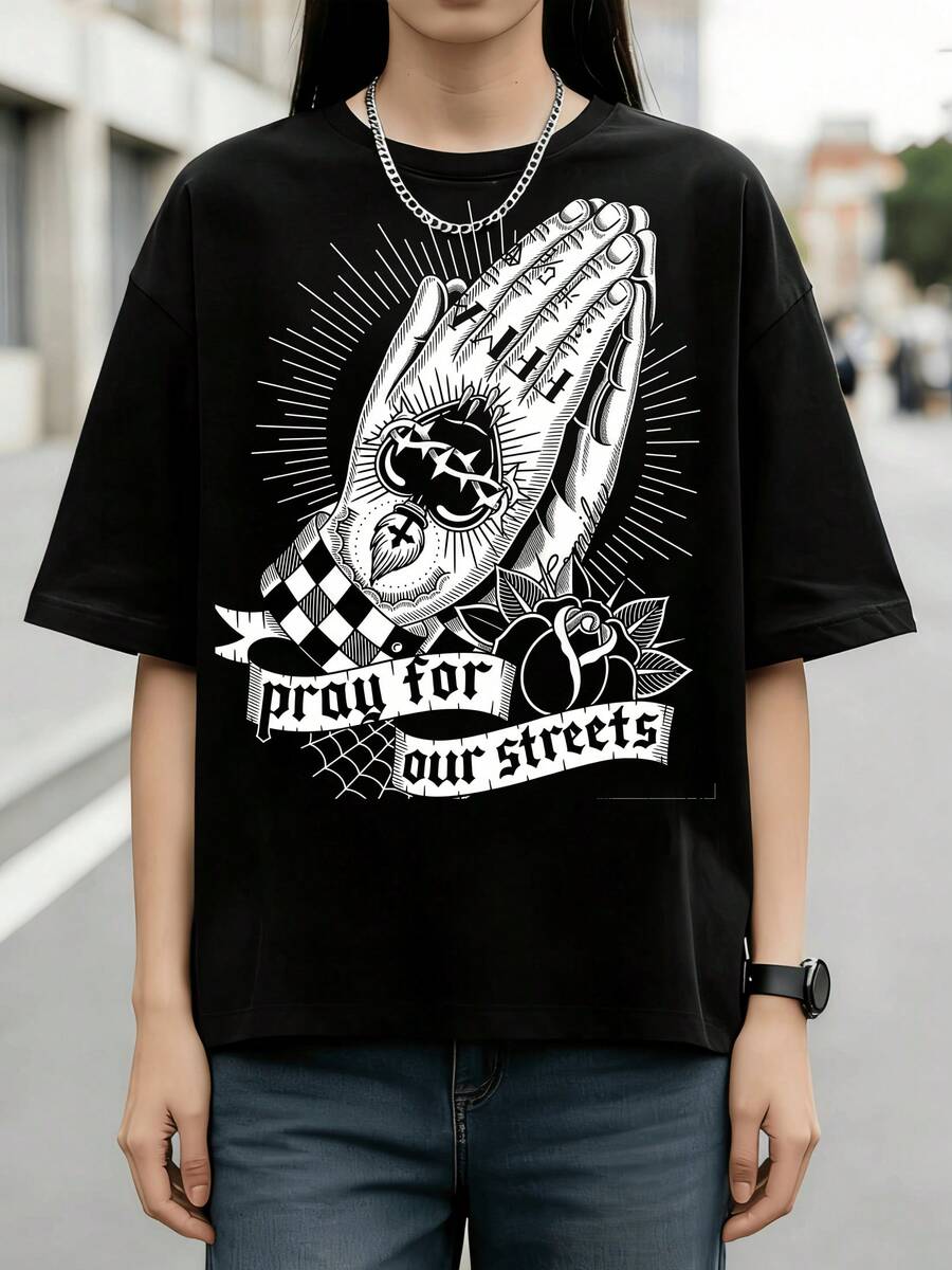 Streetwear Pray For Our Streets Tattoo Style Graphic Cotton Summer T-Shirt - Black - View 1