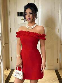 Vestido romántico con hombros descubiertos y volantes en la cintura para mujeres - Rojo - Ver 7