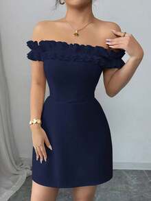 Vestido romántico con hombros descubiertos y volantes en la cintura para mujeres - Azul marino - Ver 4