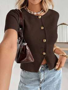 Cárdigan casual de mujer de manga corta, cuello redondo, con botones delanteros, de unicolor y delgado - Café integral 2 - Ver 5