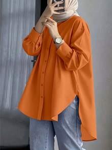 女士长袖格子衬衫，翻领，纽扣前襟，梭织面料，简约优雅设计，春季款 - 橘色 - 查看 1
