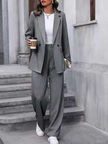 Conjunto de traje informal de mujer con solapa, manga larga y holgado - Gris Oscuro - Ver 3