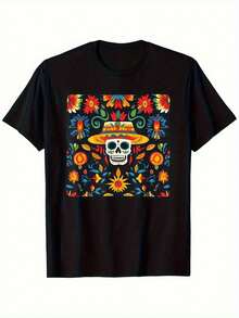 Day Of The Dead T-Shirt For Men And Women - Floral Skull Hat Print - Soft And Breathable Short Sleeve - Sizes S-XXXL - Perfect Gift For Parents And Friends - Clothing For Theme Parties And Everyday Wear, Cultural Activities, Vibrant Print, Durable Design - 黑色 - 查看 1