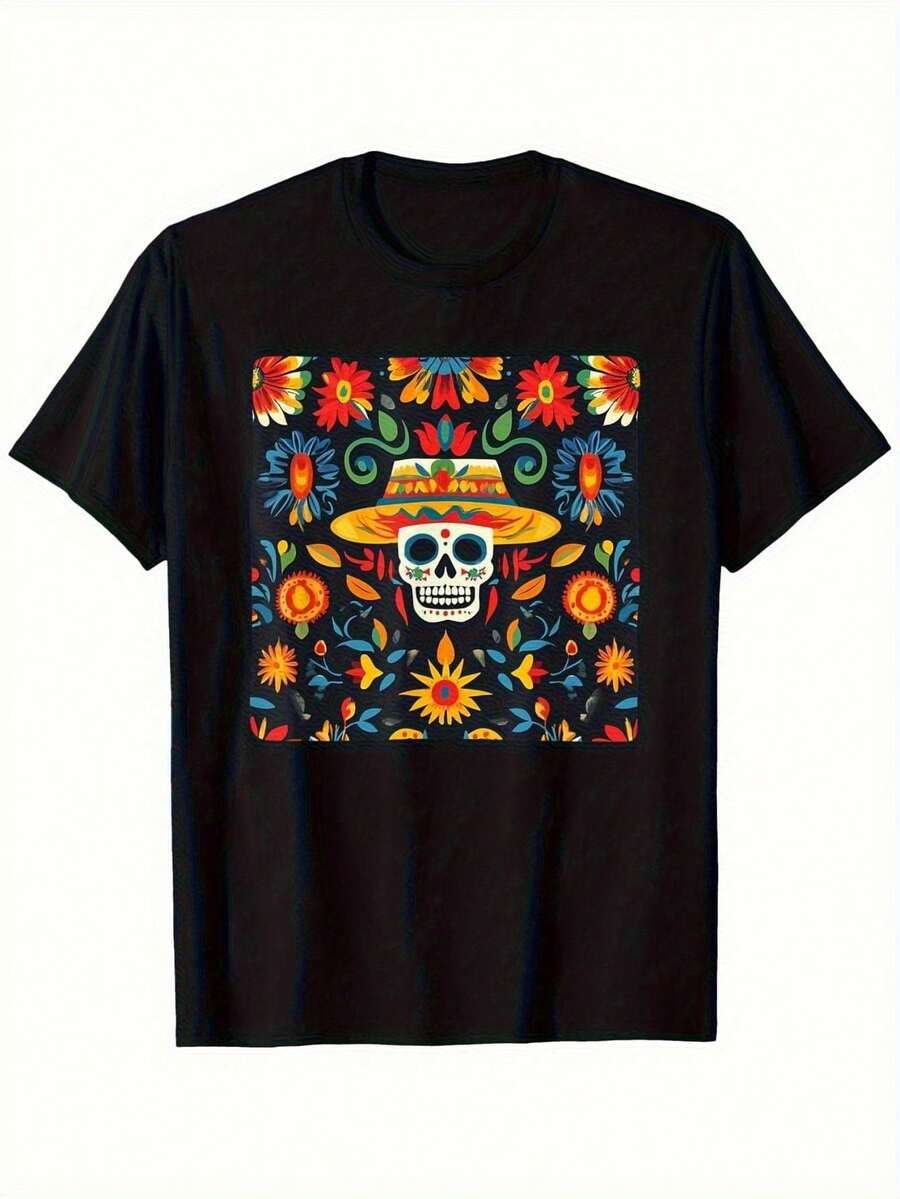 Day Of The Dead T-Shirt For Men And Women - Floral Skull Hat Print - Soft And Breathable Short Sleeve - Sizes S-XXXL - Perfect Gift For Parents And Friends - Clothing For Theme Parties And Everyday Wear, Cultural Activities, Vibrant Print, Durable Design - 黑色 - 查看 1