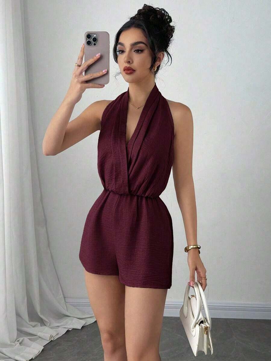 Mono elegante y romántico sin espalda con cuello halter para mujer, adecuado para fiestas, vacaciones, citas y bodas, cumpleaños - Burdeos - Ver 1