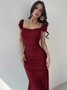 Vestido ajustado con volantes en el bajo, cintura anudada y malla verde elegante para mujeres, adecuado para fiestas, vacaciones, festivales de música, temporada de bodas, brunch, Día de San Patricio, vestidos largos bohemios para mujeres, Fairycore, atuendos de vacaciones, vestidos de graduación, atuendos de playa, atuendos de aeropuerto - Burdeos - Ver 6
