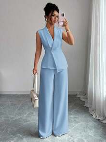 Conjunto de oficina elegante para mujer, compuesto por una chaqueta blazer sin mangas con cuello y bajo asimétrico, con hebilla metálica en la cintura, combinada con pantalones de cintura elástica.Conjunto de 2 piezas elegante para primavera/verano, atuendo formal y de clase para mujer. - Azul - Ver 6