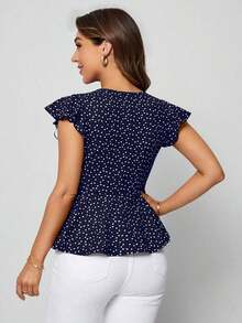 Clasi Camiseta con estampado de corazón y mangas de mariposa con volante - Azul marino - Ver 2
